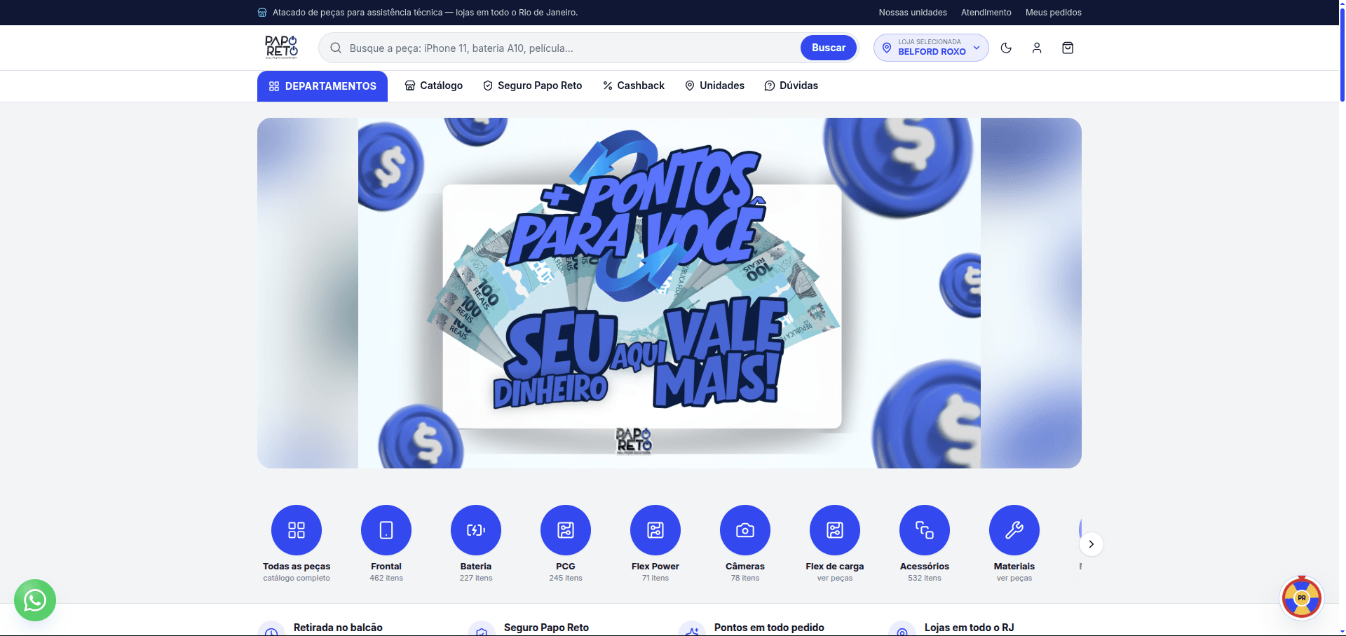 Papo Reto Cell Peças — banner do programa de pontos e atalhos por departamento